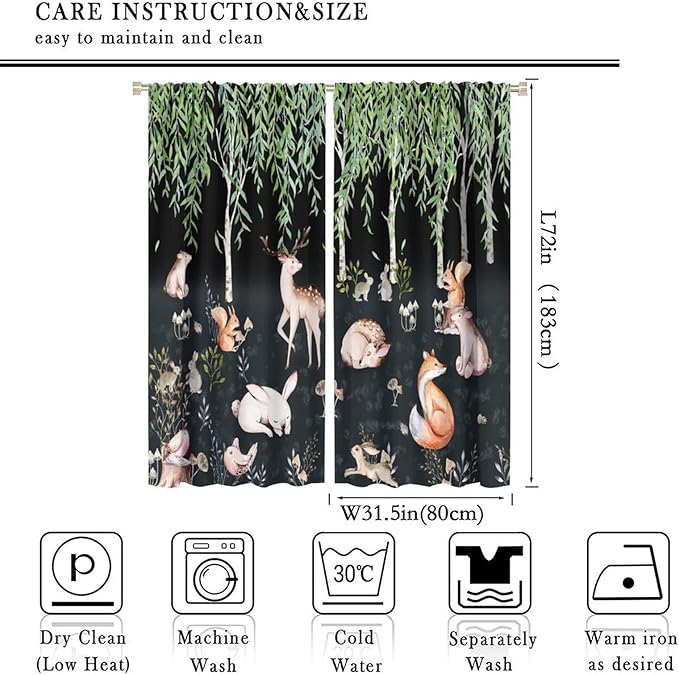 Forest Animal Curtains, Watercolor Cartoon Woodland Plants Animals Bears Moose Mushrooms Printed Curtains for Kids Boys and Girls Bedroom Window Drapes 63x72in