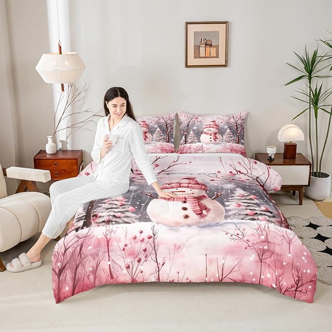 Feelyou Cute Snowman Comforter Set All Season Christmas Tree Bedding Set with 2 Pillow Cases Xmas Snowflake Microfiber Kids King Bedclothes Pink Scarf Bedroom Decor Pink Winter Scene Duvet Quilt