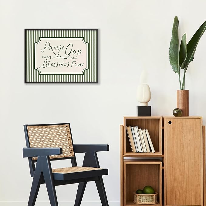 Christian Bible Verse Scripture Poster Praise God From Whom All Blessings Flow Wall Art 12x16 inch Black Framed Green Striped Religious Canvas Prints for Church Home Prayer Room Wall Decor