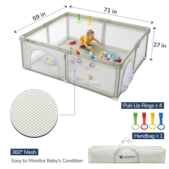 Foldable Baby Playpen,Portable Playpen for Babies and Toddler,59 * 71 Inch Kids Travel Play Pen with 4 Handlers,Carry Bag,Large Baby Play Yard for Indoor&Outdoor,Beige