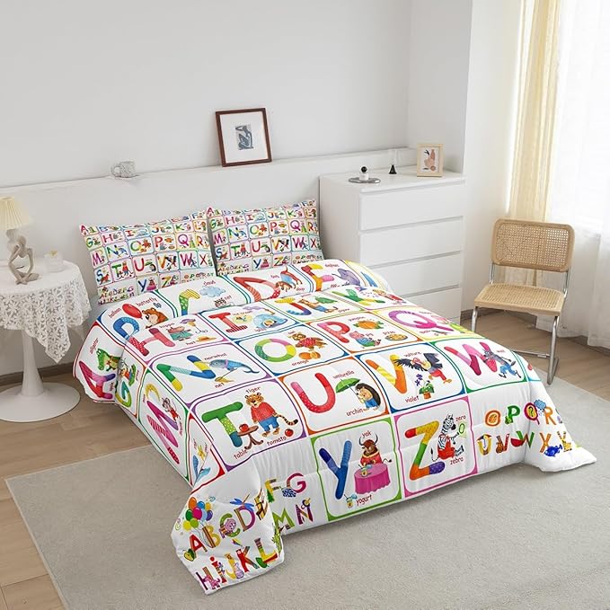 Feelyou ABC Alphabet Bedding Set Full, Cartoon Zoo Animal Comforter Educational Learning Comforter Set for Kids Boys Girls Colorful Alphabet Duvet Set with 2 Pillow Case