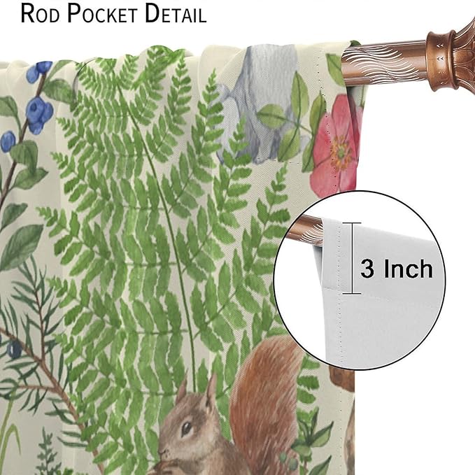 Forest Animal Curtains, Kids Rustic Wild Animal Window Treatments Watercolor Cute Woodland Fox Hedgehog Window Drapes for Nursery Toddler Bedroom 52x84in