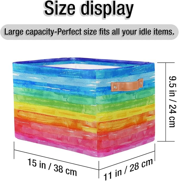Watercolor Rainbow Storage Basket for Shelves, Storage Bins with Handles, Collapsible Basket for Organizing, Closet Toy Baskets for Nursery Room, 15x11x9.5 in, Canvas, Rainbow Colored