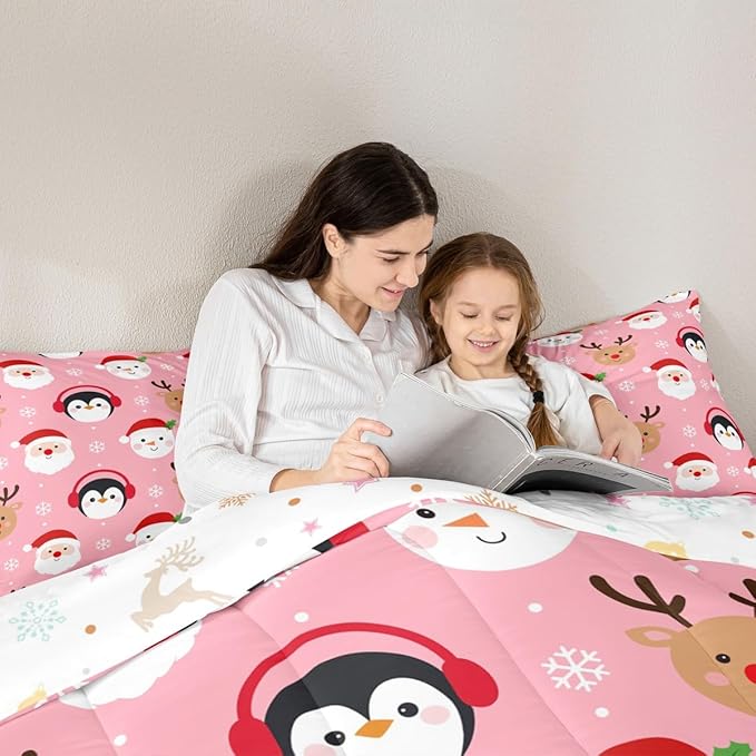 Feelyou Pink Christmas Comforter Set Full Size Santa Claus Bedding Set for Kids Boys Girls Deer Penguin Duvet Quilt Snowman Bedroom Decor Microfiber 3 Pcs with 2 Pillow Cases