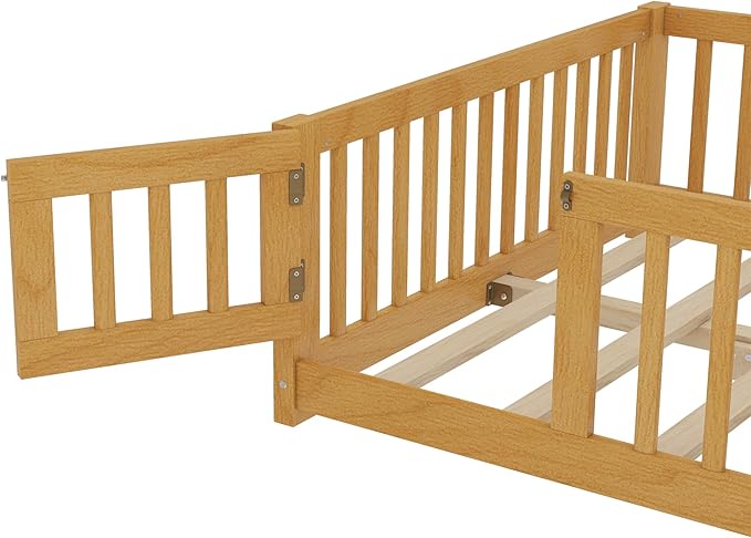 Bellemave Full Size Floor Bed with Rails for Kids, Girls, Boys, Pine,Plywood Floor Bed with slats and Door, Natural
