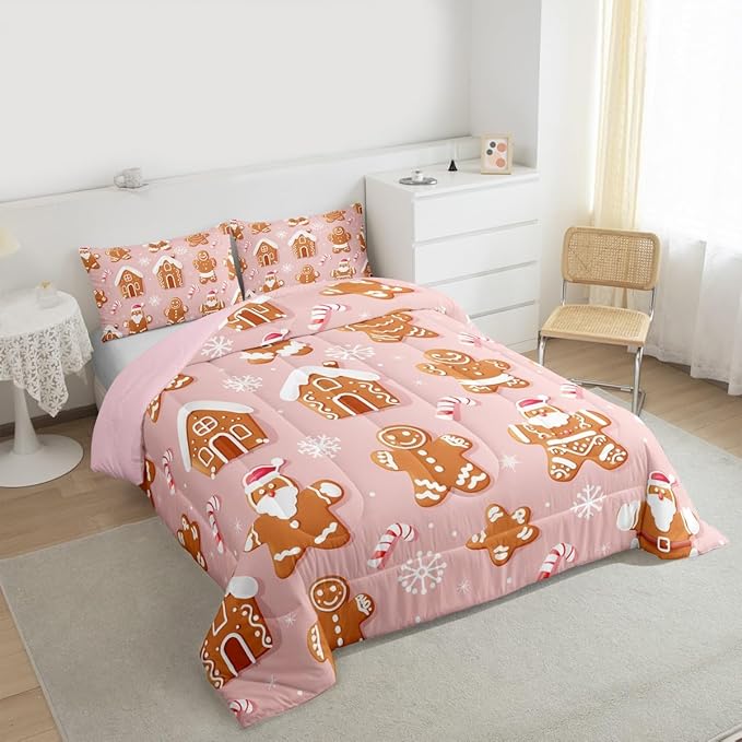 Feelyou Christmas Comforter Set All Season Gingerbread Man Bedding Set with 1 Pillow Cases Santa Microfiber Kids Twin Bedclothes Snowflake Bedroom Decor Duvet Quilt Breathable Soft Lightweight