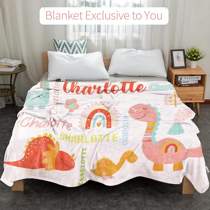Personalized Dinosaur Blanket with Name for Girl, Custom Name Blanket for Teen, Soft Flannel Pink Dinosaur Toddler Blanket Customized Gift for Birthday 50"x60"