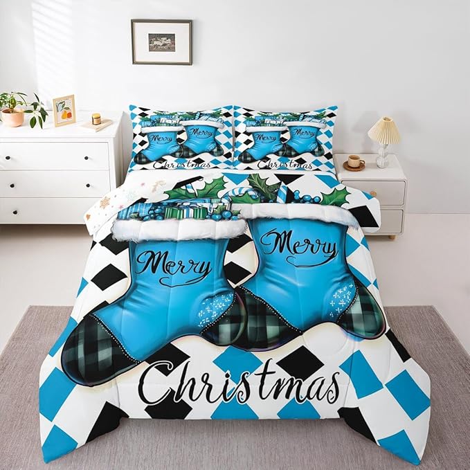 Feelyou Merry Christmas Kids Comforter Set Toddler Size Cartoon Shoes Bedding Set Duvet Quilt for Kids Boys Girls Bedroom Winter Decor Microfiber Ultra Soft Breathable