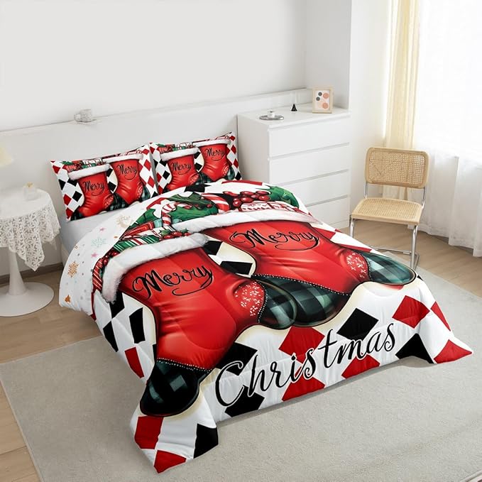 Feelyou Merry Christmas Comforter Set Twin Size Cartoon Shoes Bedding Set for Kids Boys Girls Duvet Quilt Winter Bedroom Decor Microfiber 2 Pcs with 1 Pillow Cases