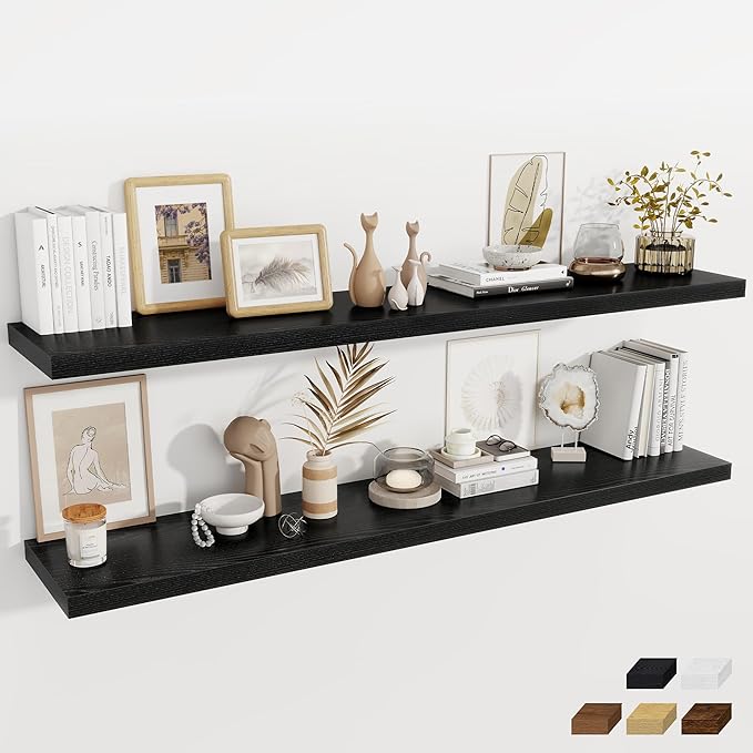 Fun Memories 12 Inch Deep Floating Shelves, 67 Inch Long Extra Large Floating Shelves Set of 2, Rustic Wood Wall Shelves for Living Room, Kitchen, Bedroom, Farmhouse, Laundry Room, Home Office - Black