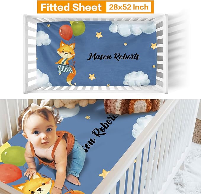 Custom Crib Bedding Set - Fox Design Personalized Name Baby Nursery Bedding 3 Pcs Set - Chic Soft Blanket, Sheet, Pillowcase for Newborns Boys Girls Gifts Color07