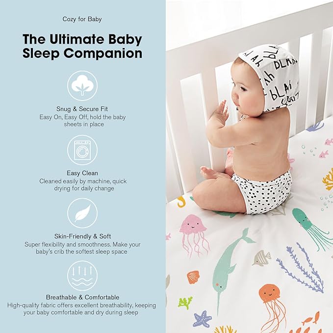 Bimocosy Mini Crib Sheets,Pack and Play Sheets for Baby Girl Boy 4 Pack,Size 38"x 26" for Playard Mattress,Portable Mini Crib,Soft Pack N Play Sheets Fitted,Ocean World/Shell/Blue/Green
