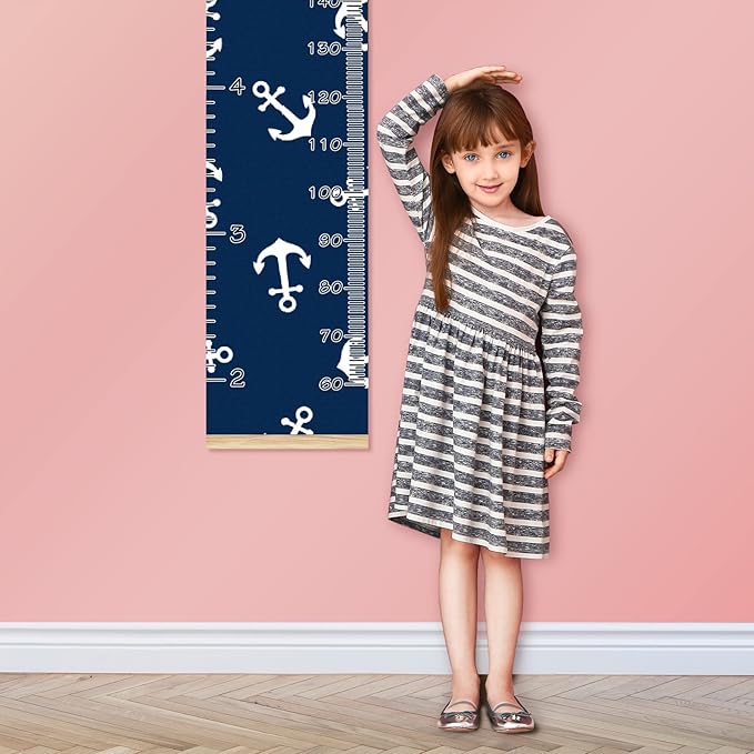 Personalized Kids Name Growth Chart Ruler for Wall Wood Frame Height Measure Chart 13.4x56 in Linen Hanging Height Growth Chart Nautical Anchor Navy Blue Kids Room Decor