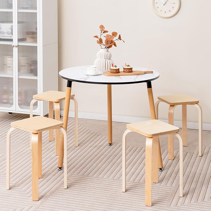 GOFLAME Stackable Wooden Stools Set of 4, Backless Chairs with Square Top, Anti-Slip Felt Mats, Portable Seating for Classroom, Office, Dinning Room, Living Room, Kitchen, Bar Counter, Natural