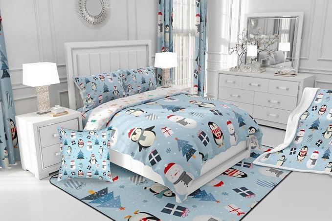 Feelyou Merry Christmas Bedding Set Soft for Boys Girls, Penguin Comforter Set Queen Size Xmas Tree Snowman Duvet Quilt Microfiber Gift Snowflake Bedroom Decor 3 Pcs with 2 Pillow Cases