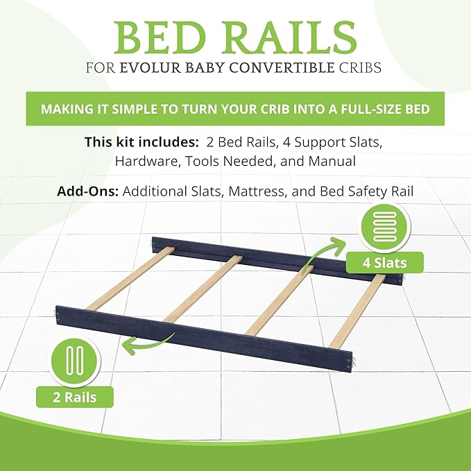 Full-Size Conversion Kit Bed Rails for Evolur Cribs - Solid Wood Crib Convertible Kit to Kids Bed - Transitional Style Rails & Easy-to-Install Child Essentials for Safety (Distressed Navy)