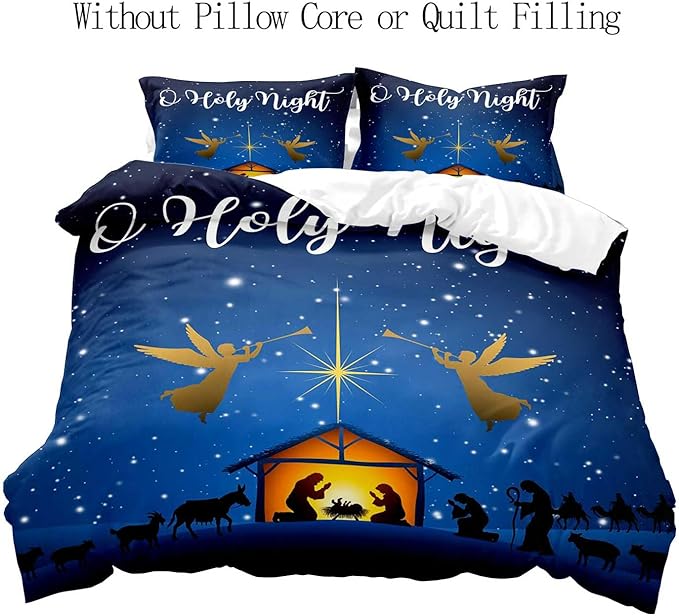 LUVIVIHOME 2PCS Christmas Duvet Cover Twin Bedding Sets, Navy Blue Duvet Cover, Galaxy Oh Holy Night Nativity Scene Angel Winter Holiday Xmas Christmas Comforter Cover, Bed in a Bag, 1 Pillow Case