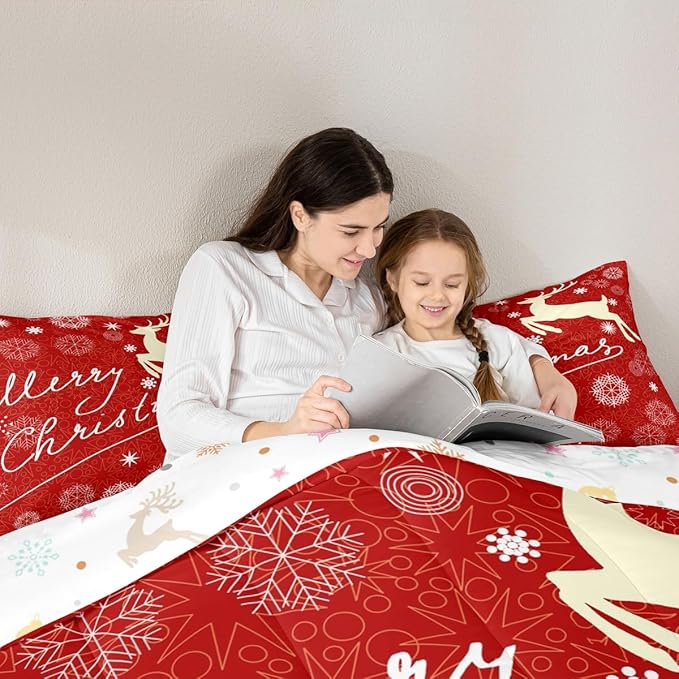 Merry Christmas Kids Comforter Set Queen Size,Deer Animal Silhouette Bedding,Girls Boys Adults Bedroom/Xmas Cabin Decor,Snowflake Dot Graffiti Down Comforter,Red Romantic Duvet Insert,2 Pillowcases