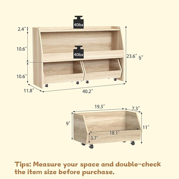 COZPAW Toy Storage Organizer, 2 Tier Montessori Shelf with Movable Bins, Toy Organizers Book Shelf for Kids Room, Playroom, Nursery (Wood)