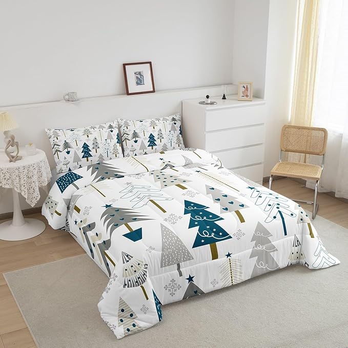 Xmas Trees Full Size Comforter Set,Merry Christmas Pine Hand Drawn Bedding Comforters Bedroom Collection,Blue Plant Snowflakes Winter Bedding Set for Girls Teens