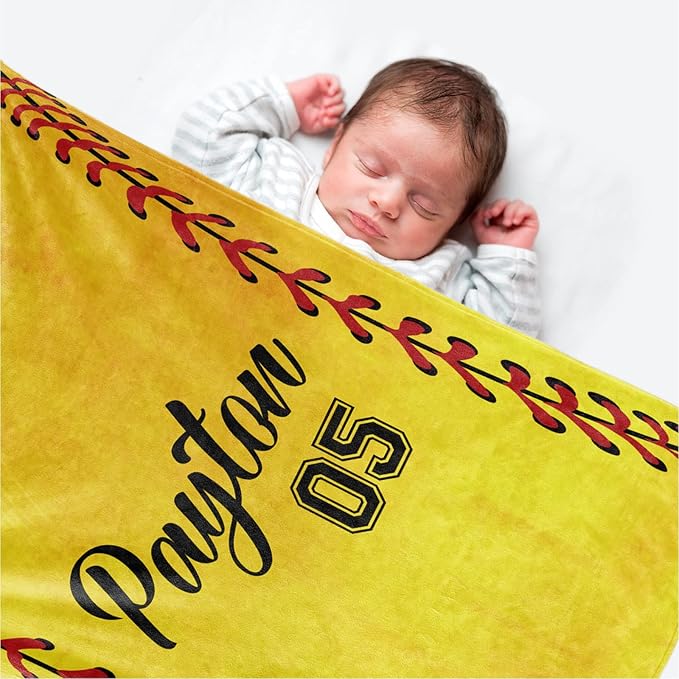 Personalized Softball Kids Blanket with Naumber and Name - Custom Sport Bed Blankets Gift for 0-3 Months Baby Essential - Super Warm and Comfortable 30x40inch