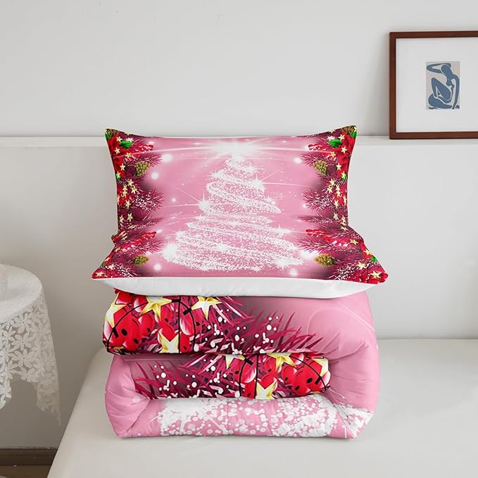 Feelyou Kids Merry Christmas Decorations Comforter Set, Kids Santa Tree Bedding Set Full Size for Boys Girls Teens Xmas Christmas Bell Decor Comforter Glitter Pink Quilt Set