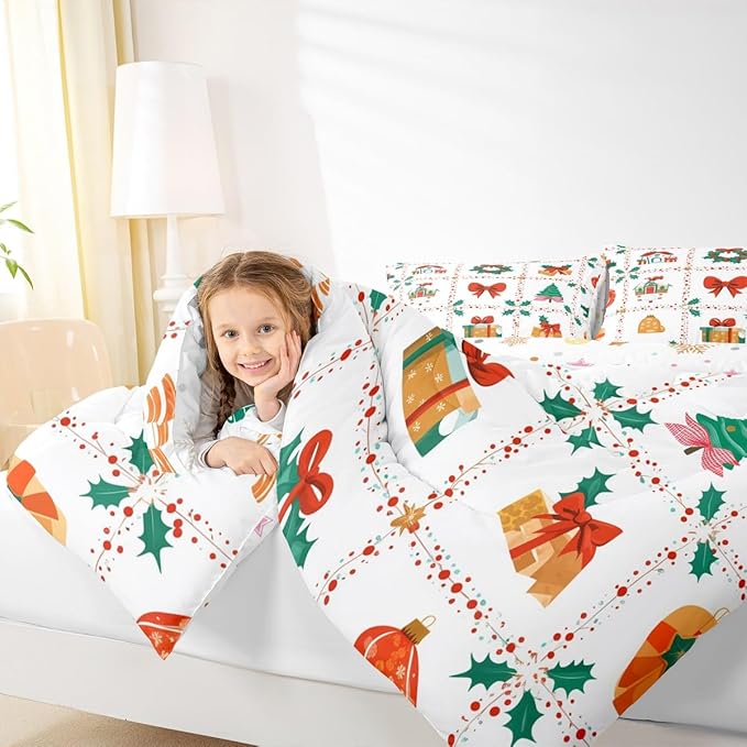 Feelyou Christmas Decor Kids Comforter Set Queen Size Red Bowknot Bedding Set New Year Gift Duvet Quilt for Kids Boys Girls Bedroom Happy New Year Decor Microfiber Ultra Soft Breathable