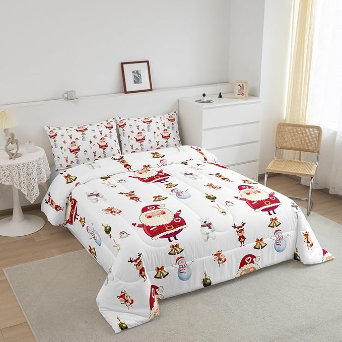 Feelyou Christmas Comforter Set Cute Snowman Santa Claus Kids Decorations Bedding Set Boys Girls Bear Rabbit Comforter Christmas Bells Design White Quilt with 2 Pillowcases 3Pcs Bedding King