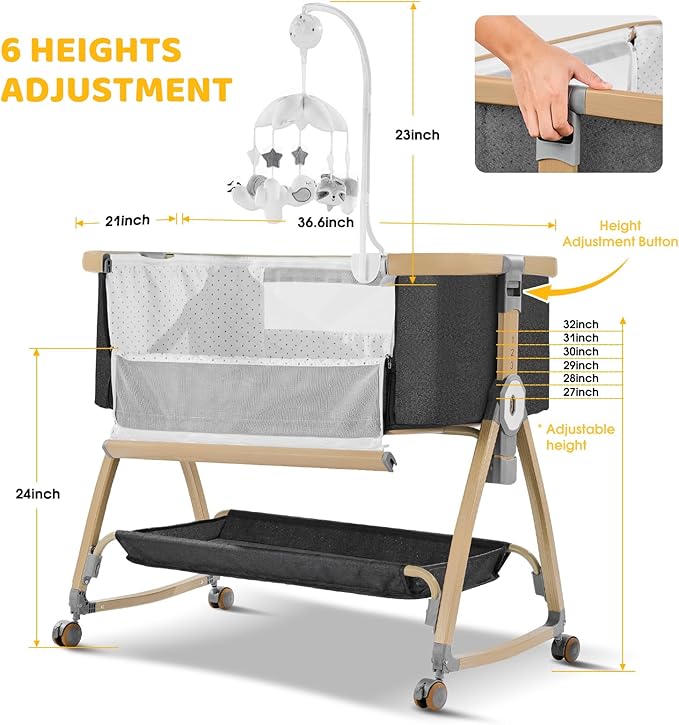 Bedside Bassinet,Bassinet Bedside Sleeper,3 in 1 Bedside Bassinet for Baby,Rocking Bassinet with Mattress,Mobile,Mosquito Net,Storage Basket,6-Height Adjustable Bassinet with Wheels for Newborn