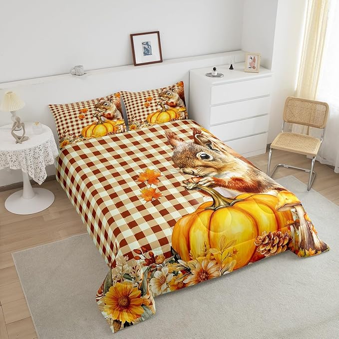 Castle Fairy Squirrel Pumpkin Flower Twin Size Comforter Set,Autumn Harvest Thanksgiving Quilt Set Soft Bed Collection,Vintage Yellow Geometric Grid Bedding Comforter for Boys Girls Room Decor,2 Pcs