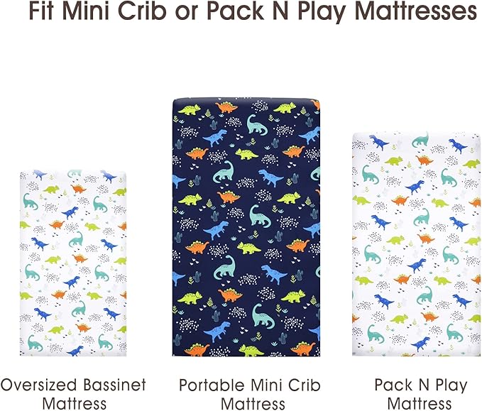 PHF 3 Pack Soft Mini Crib Sheets, Dinosaur Pack N Play Sheets for Baby Boys Girls, No Slip Universal Fit for Pack N Play, Playard, Portable and Mini Crib Mattresses,Navy Dinosaur