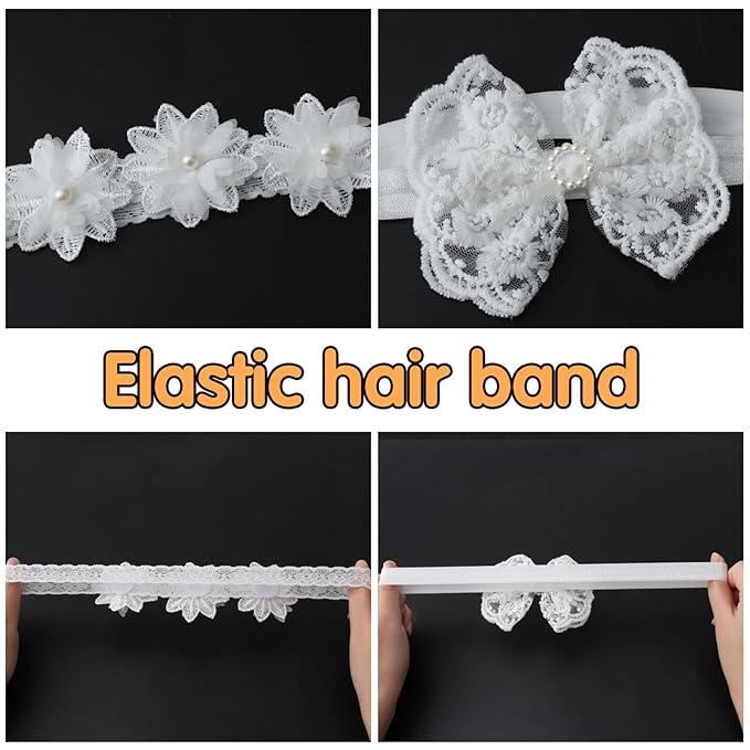 2 Pack 18-20in Elegant White Flower Christening Headbands for Baby Girl, Elastic Soft Lace with Cute Tulle Pearl Hair Strap (White flowers)