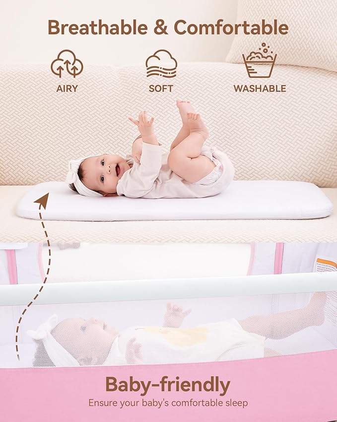Larex Baby Bassinet, Baby Bassinet Bedside Sleeper with Storage Basket and Wheels, Height Adjustable Portable Crib for Newborn Infant, Easy Assemble and Folding(Pink)