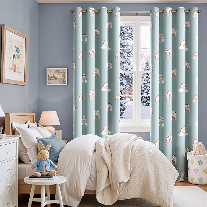 jinchan Nursery Blackout Curtains for Kids Room Rainbow Blue Curtains Cute Girls Bedroom Dorm Playroom Window Treatment Grommet Thermal Insulated Room Darkening 2 Panels 63 Inch Length