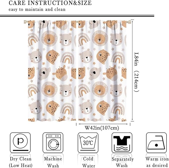 Cartoon Boho Animal Curtains,Funny Forest Safari Print,Cute African Wildlife Koala Giraffe Lion Leopard Bear Rainbow Blackout Window Drapes for Boys Girls Kids Baby Child Bedroom 84x84in