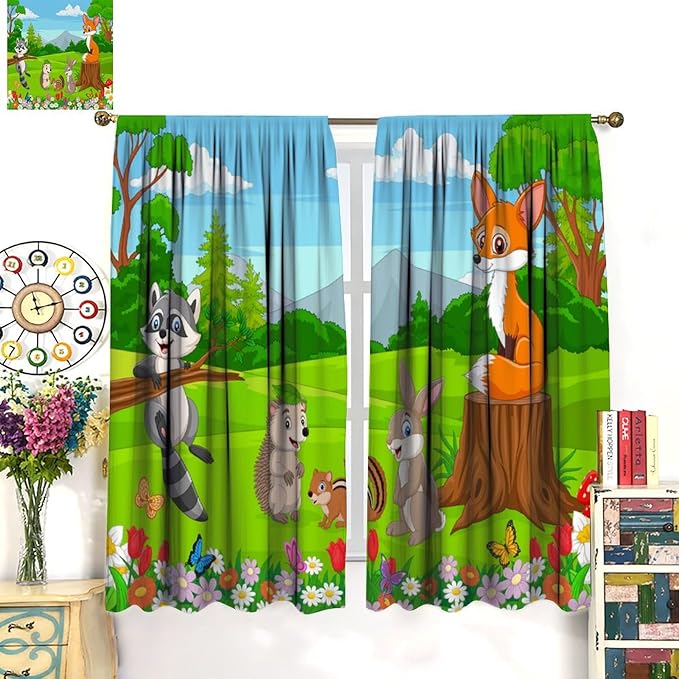 Safari Animal Curtains for Kids Cartoon Woodland Wildlife Jungle Animals Window Treatments for Boys Girls Bedroom Cute Fox Forest Nursery Children Drapes for Living Room W42xL45