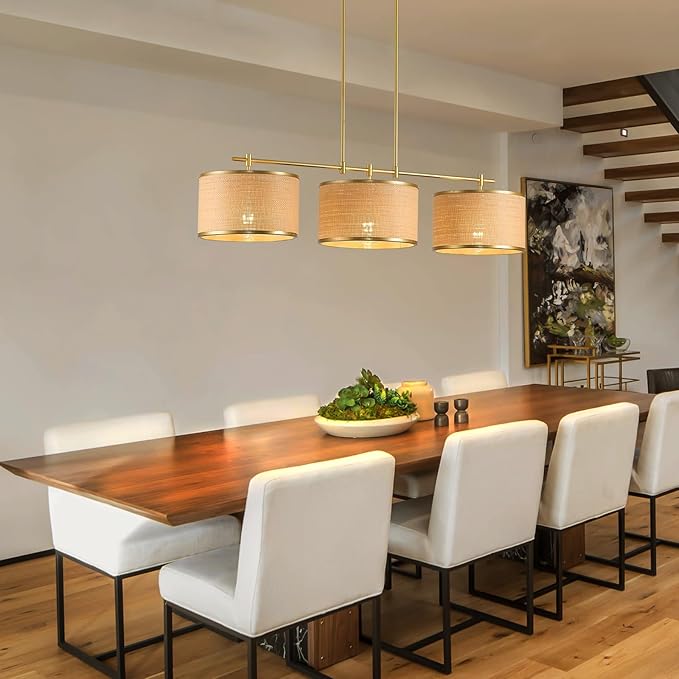 41" Dining Room Light Fixtures Over Table with 3-Light Island Lights for Kitchen,Boho Large Linear Chandelier,Gold Drum Woven Rattan Chandelier（Height Adjustable）