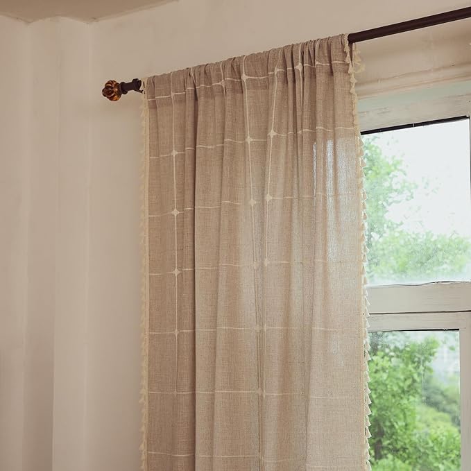 Deeprove Boho Curtains 108 Inches Length Bohemian Lattice Gingham Chic Burlap Embroidery Plaids, Vintage Tassels Home Decor Drapes Light Filtering Rod Pocket, 1 Panel W52 x L108, Natural Linen