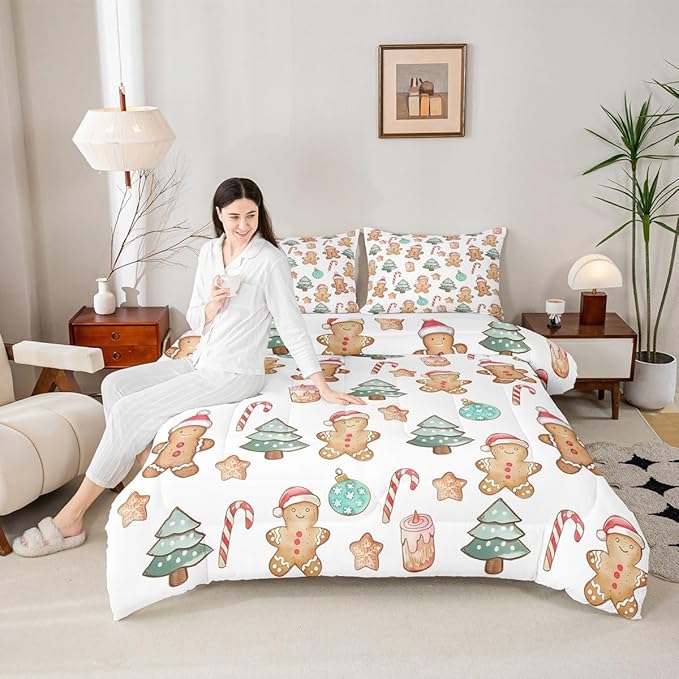 Feelyou Pink Gingerbread Comforter Set Queen Size Christmas Bedding Set for Kids Boys Girls Candy Cane Duvet Quilt Xmas Bedroom Decor Microfiber 3 Pcs with 2 Pillow Cases