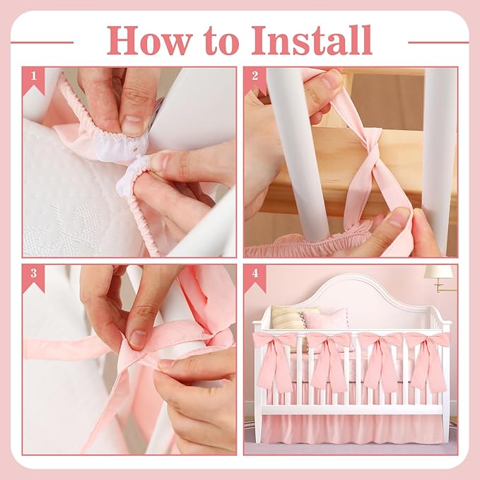 Pink Crib Bed Skirts with 4 Large Cot Bow 28" x 52" Baby Crib Skirt for Boys Girls Nursery Toddler Bedskirt Dust Ruffle 14" Drop
