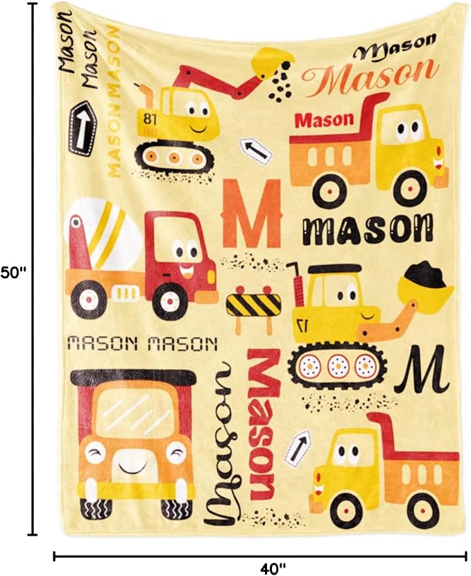 Custom Construction Blanket with Name for Boys Girls Kids, Personalized Name Blanket Construction Vehicles, Soft Flannel Blankets Customized Gift for Children Day Birthday Christmas-40 x50