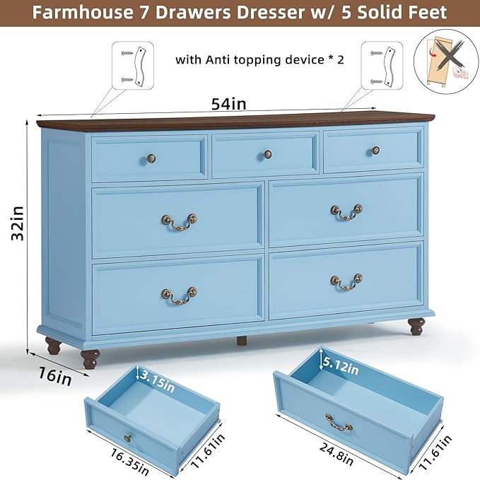 Farmhouse Dresser and Nightstand Sets, Wooden 7 Drawers Dresser & 24" Night Stand with 3 Drawers, 2 Piece Bedroom Furniture Set, Chest of Drawers for Bedroom, Home, Living Room, Hallway