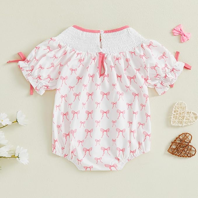 Newborn Baby Girl Romper Mamas Mini Bow Plaid Print Puff Sleeve Smocked Bubble Romper Jumpsuit Bodysuit Clothes