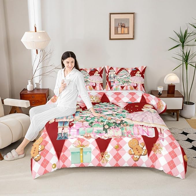 jejeloiu Christmas Nutcracker Comforter Set Queen Size Gingerbread Man Bedding Set for Kids Boys Girls Xmas Tree Duvet Quilt Red Bedroom Decor