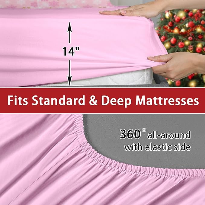 7 Pcs Queen Size Christmas Comforter Set with 2 Pillowcases & 2 Shams, Pink Winter Snowflake Bedding for Kids and Adults, Funny Sparkle Farm Bed in a Bag with Flat Fitted Sheet