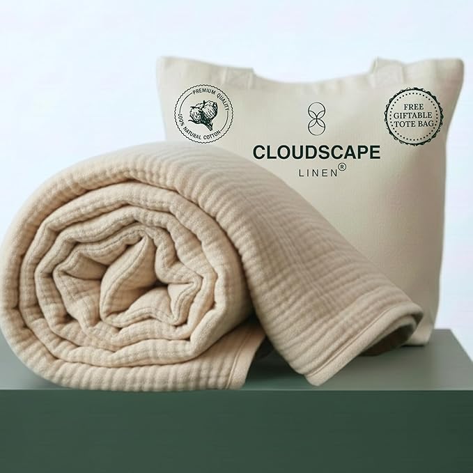 Cloud Scape Linen Oversized 4 Layer Muslin Blanket Twin Size - 100% Cotton, Lightweight & Breathable All Season Gauze, Pre-Washed, for Bed, Couch, fits Twin XL Bed,68x92, Beige Fog