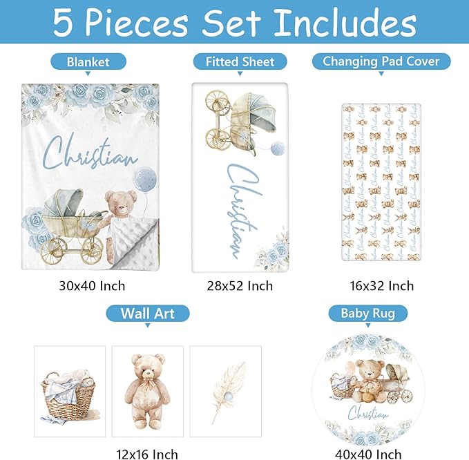 Custom Baby Crib Bedding Set for Boys Girls, 5 Pcs Personalized Blue Bear Baby Crib Sets with Name, Nursery Bedding Set, Double Layer Blanket, Newborn, Infants & Toddlers Customized Gifts