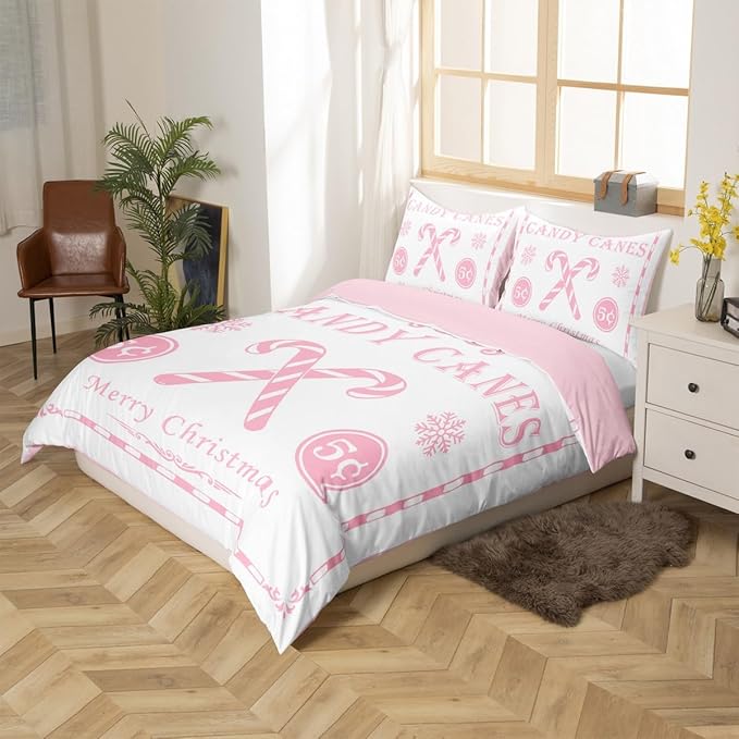 jejeloiu Christmas Bedding Set Queen Size Kids Christmas Quote Comforter Cover Set for Boys Girls Teens Candy Canes Print Duvet Cover Xmas Bedspread Cover Room Decorations Pink Quilt Cover