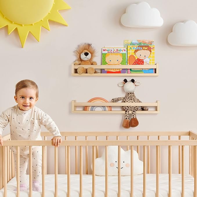 Fun Memories Nursery Book Shelves - Rustic Natural Solid Wood Floating Bookshelf for Kids - Wall Book Shelves for Kids Room (Natural, 24inch - 4P)