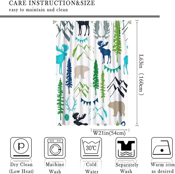 Forest Woodland Curtains, Wild Nature Bear Moose Deer Pine Trees Mountain Cabin Lodge Blackout Rod Pocket Windows Door Curtain for Bedroom Living Room Home Decor 42x63in